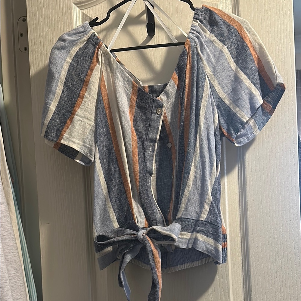 DREW Blue Blouse with V-neck Tie Front and Short Sleeves